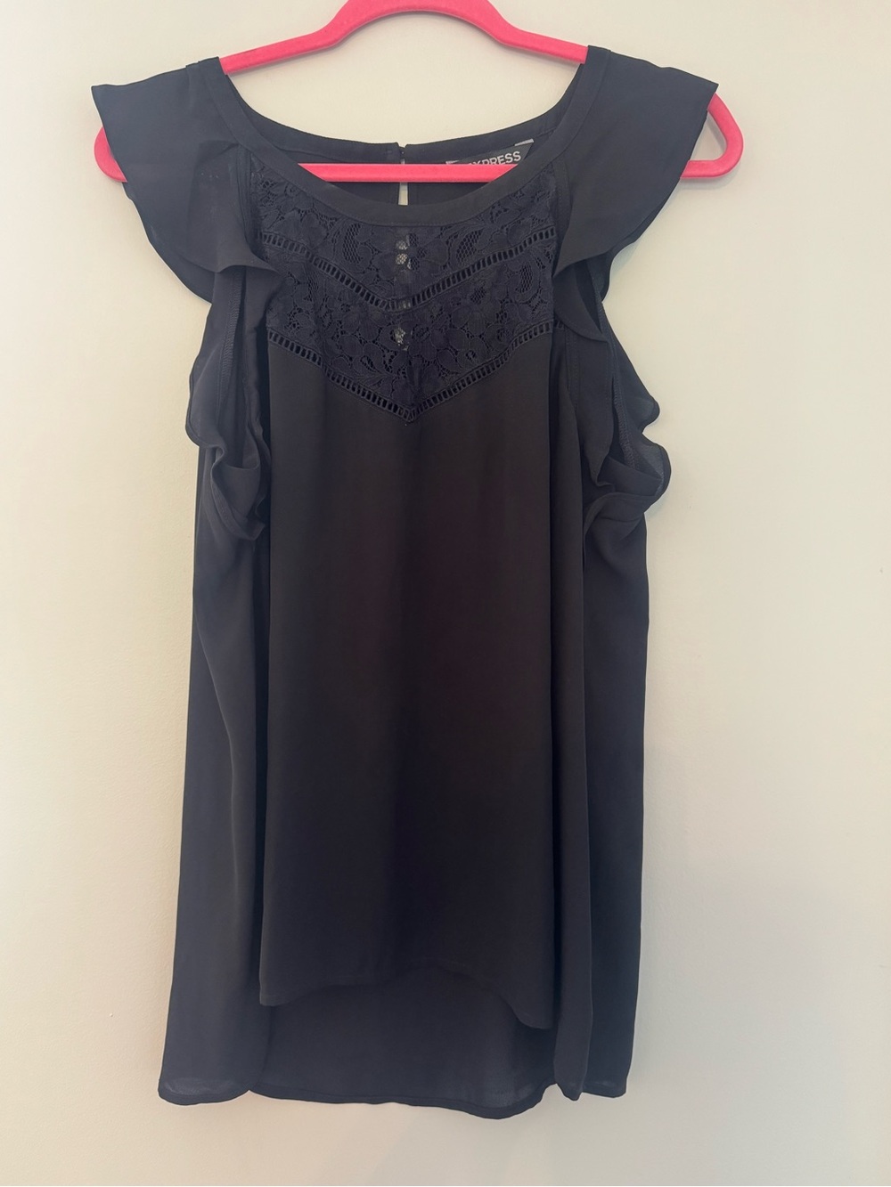Womens Black Lace Yoke Ruffle Sleeve Top - Express sz L